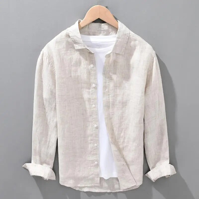 Meeste puhtast linasest avarast pikkade varrukatega särk ühevärvilisest puuvillasest linasest riidest särk Meeste riided