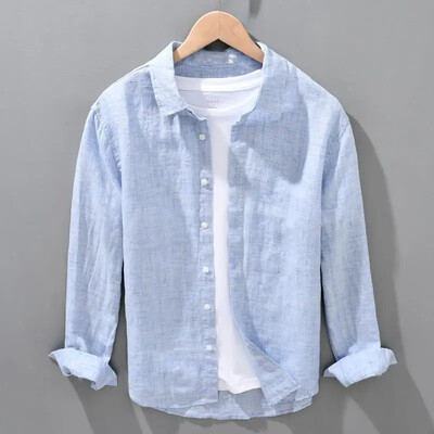 Meeste puhtast linasest avarast pikkade varrukatega särk ühevärvilisest puuvillasest linasest riidest särk Meeste riided