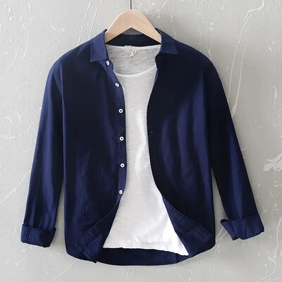 Meeste puhtast linasest avarast pikkade varrukatega särk ühevärvilisest puuvillasest linasest riidest särk Meeste riided