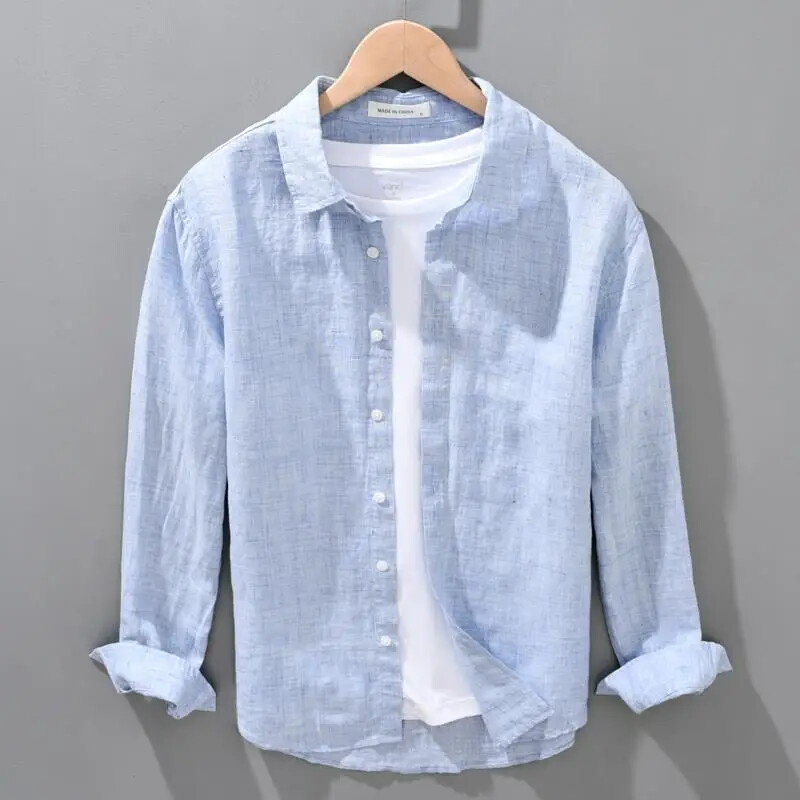 Meeste puhtast linasest avarast pikkade varrukatega särk ühevärvilisest puuvillasest linasest riidest särk Meeste riided