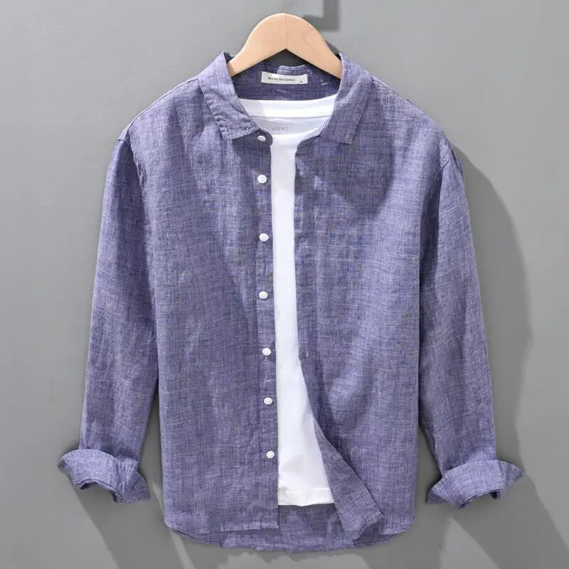 Meeste puhtast linasest avarast pikkade varrukatega särk ühevärvilisest puuvillasest linasest riidest särk Meeste riided