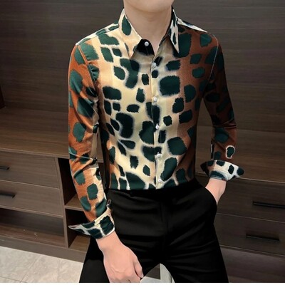 2024, primăvară și toamnă, ediția coreeană High Street Casual, versatilă, imprimată, cu model leopard, cu buton, cămașă cu mânecă lungă pentru bărbați