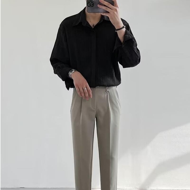 Black Apricot Bijela košulja dugih rukava Muška modna društvena muška košulja Korejska široka ležerna plisirana košulja Muška svečana košulja