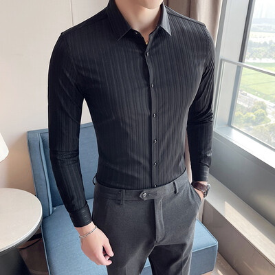 Cămașă cu mânecă lungă în stil britanic, pentru domn, pentru bărbați, versiunea coreeană, dungi business slim-fit