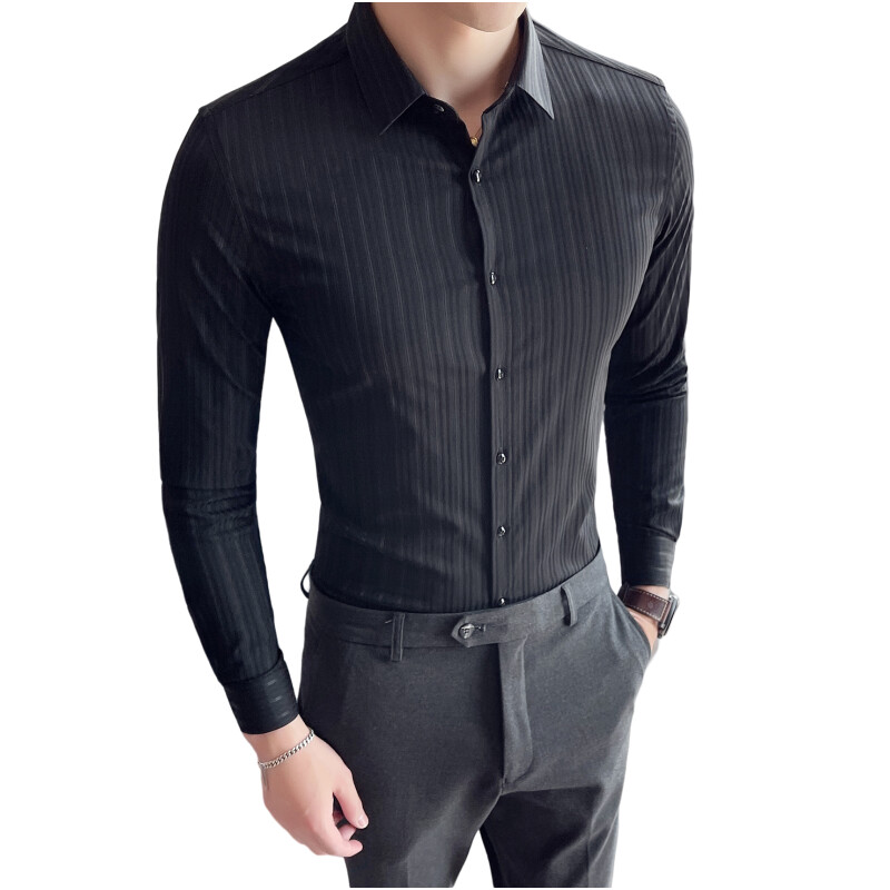 Nova muška modna džentlmenska korejska verzija s poslovnim prugama uskog kroja za vjenčanje, ležerna radna majica s dugim rukavima u britanskom stilu