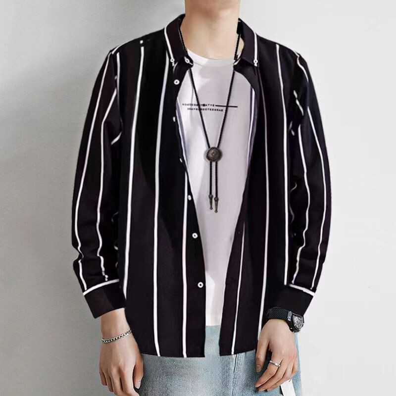 Cămașă coreeană în carouri slim fit pentru bărbați pentru rochie casual de afaceri în primăvară și vară cămașă subțire cu mâneci lungi, în dungi, pentru bărbați