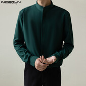 INCERUN Majice 2024. Zgodne muške korejske stilske jednostavne jednobojne košulje s dizajnom samostojećeg ovratnika Ležerna ulična odjeća Bluza s dugim rukavima S-5XL
