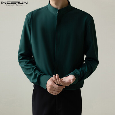 INCERUN Topuri 2024 în stil coreean frumoși bărbați simple, solid, guler, design, cămăși casual Streetwear bluză cu mâneci lungi S-5XL