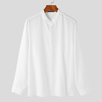 INCERUN Majice 2024. Zgodne muške korejske stilske jednostavne jednobojne košulje s dizajnom samostojećeg ovratnika Ležerna ulična odjeća Bluza s dugim rukavima S-5XL