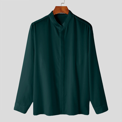 INCERUN Majice 2024. Zgodne muške korejske stilske jednostavne jednobojne košulje s dizajnom samostojećeg ovratnika Ležerna ulična odjeća Bluza s dugim rukavima S-5XL