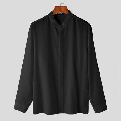 INCERUN Majice 2024. Zgodne muške korejske stilske jednostavne jednobojne košulje s dizajnom samostojećeg ovratnika Ležerna ulična odjeća Bluza s dugim rukavima S-5XL