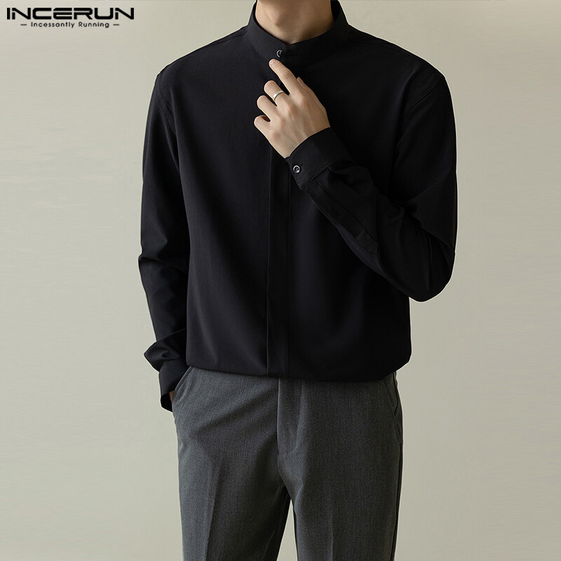 INCERUN Majice 2024. Zgodne muške korejske stilske jednostavne jednobojne košulje s dizajnom samostojećeg ovratnika Ležerna ulična odjeća Bluza s dugim rukavima S-5XL