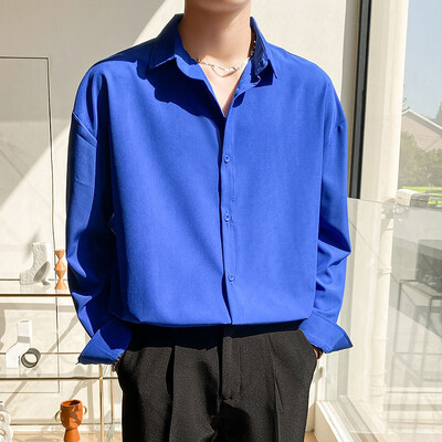 Jesenske muške košulje dugih rukava Modna korejska vrećasta bez glačanja Poslovna ležerna elastična košulja s ovratnikom na rever Bijela svijetloplava
