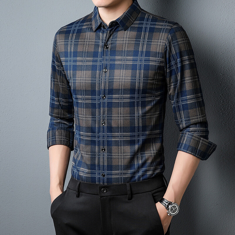 Muška uska karirana košulja u korejskom stilu Muška poslovna ležerna košulja dugih rukava