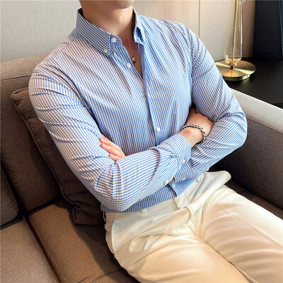 2022. Muške visokokvalitetne poslovne košulje dugih rukava za proljeće/muške uske modne uredske karirane košulje velike veličine S-4XL