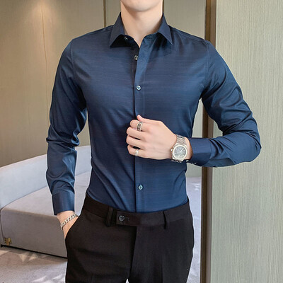 Primăvară Vară Nou Smart Casual Coreeană Trendy Imprimare Dună În carouri Mătase de gheață Cămașă subțire cu mâneci lungi pentru bărbați Gâtul cu nasturi Top versatil