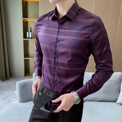 Proljeće ljeto Nova elegantna ležerna korejska trendi ispisana prugasta karirana ledena svilena tanka košulja dugih rukava Muška svestrana majica s dugmadima