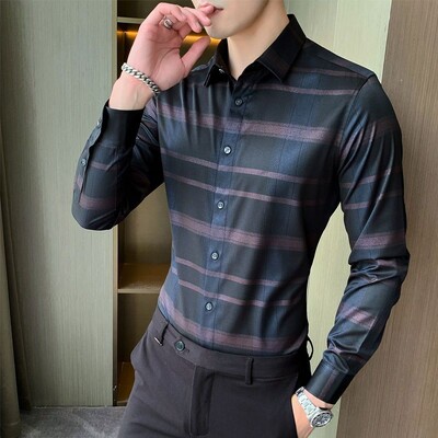 Proljeće ljeto Nova elegantna ležerna korejska trendi ispisana prugasta karirana ledena svilena tanka košulja dugih rukava Muška svestrana majica s dugmadima