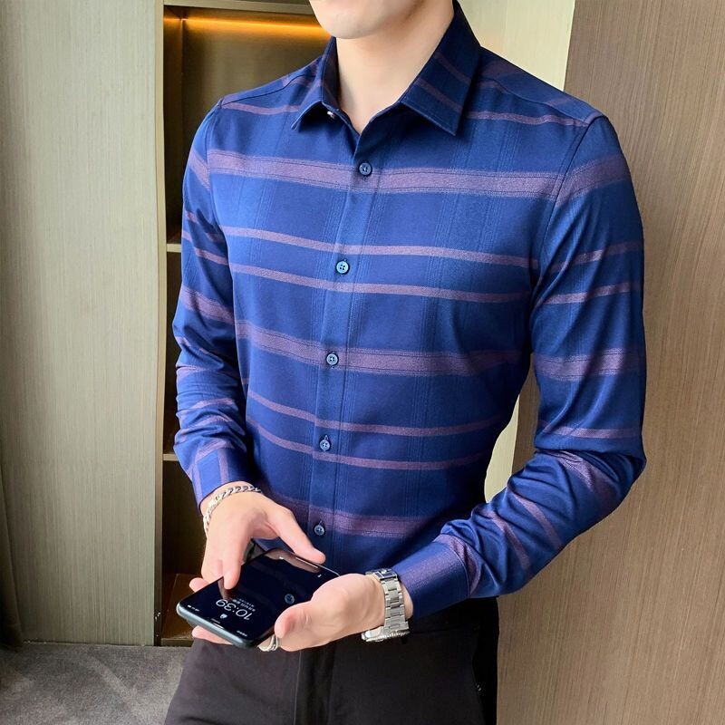 Proljeće ljeto Nova elegantna ležerna korejska trendi ispisana prugasta karirana ledena svilena tanka košulja dugih rukava Muška svestrana majica s dugmadima