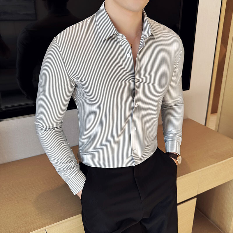 Suures suuruses 4XL-M kõrge elastsusega jälgedeta spandex särgid 2024 uued meeste triibulised Slim Fit mittetriikivad pikkade varrukatega ärisärk