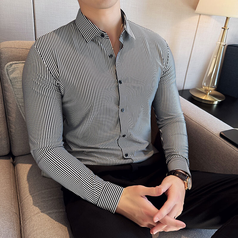 Suures suuruses 4XL-M kõrge elastsusega jälgedeta spandex särgid 2024 uued meeste triibulised Slim Fit mittetriikivad pikkade varrukatega ärisärk