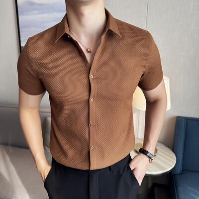 Cămașă Waffle pentru bărbați, cu mâneci scurte, vară 2024, noul stil britanic de afaceri, fără călcat, culoare uni, cămașă casual slim fit, îmbrăcăminte pentru bărbați