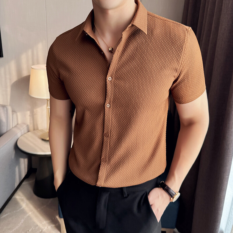Muška vaflasta košulja kratkih rukava Ljeto 2024. Novi britanski stil Poslovna jednobojna ležerna uska košulja koja se ne pegla Muška odjeća