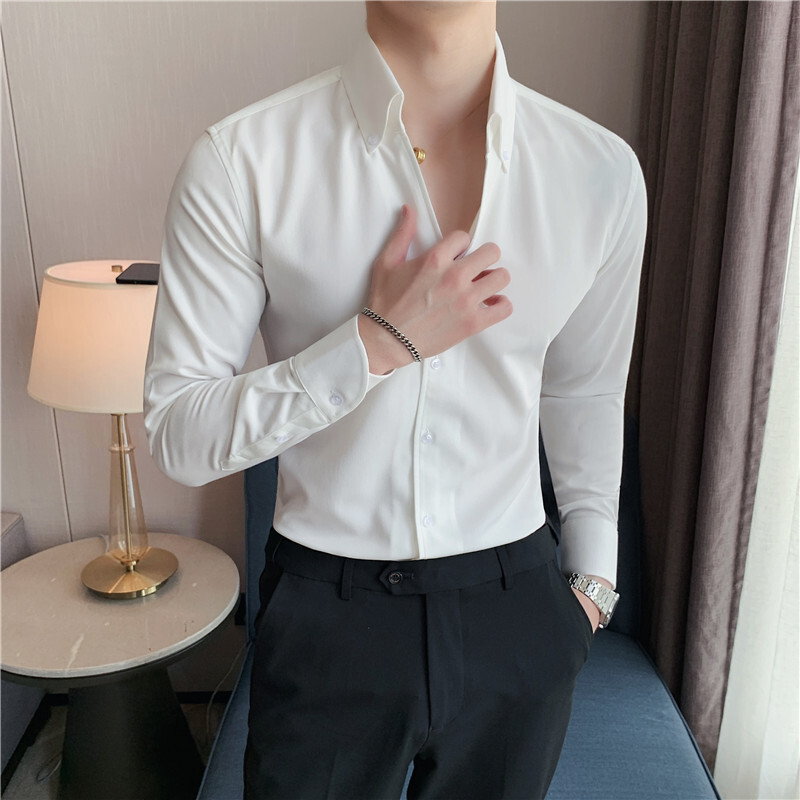 Vrhunske muške proljetne ležerne košulje dugih rukava/muške sim fit zgodne uredske košulje s V-izrezom, jednobojne, S-4XL