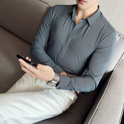 Dizajn britanske poslovne košulje za slobodno vrijeme 2022. British Men Cuba Collar Tanka jednobojna bijela košulja Camisa Social Masculina Muška košulja