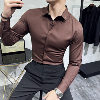 Висококачествена едноцветна мъжка риза с дълъг ръкав Slim Fit Бизнес ризи Homme Social Casual Shirt Плюс размер 4XL-M