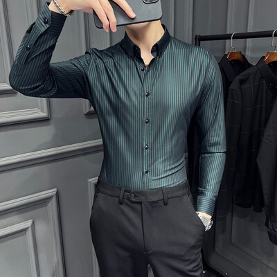 Nägus triibuline meeste särk pikkade varrukatega Slim Fit vabaaja ärikleidi särgid Kvaliteetne sotsiaalbüroo pidulik särk 2023