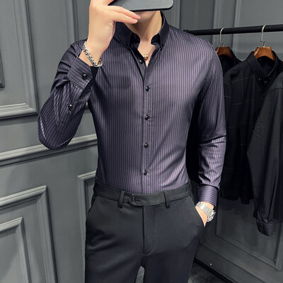 Nägus triibuline meeste särk pikkade varrukatega Slim Fit vabaaja ärikleidi särgid Kvaliteetne sotsiaalbüroo pidulik särk 2023