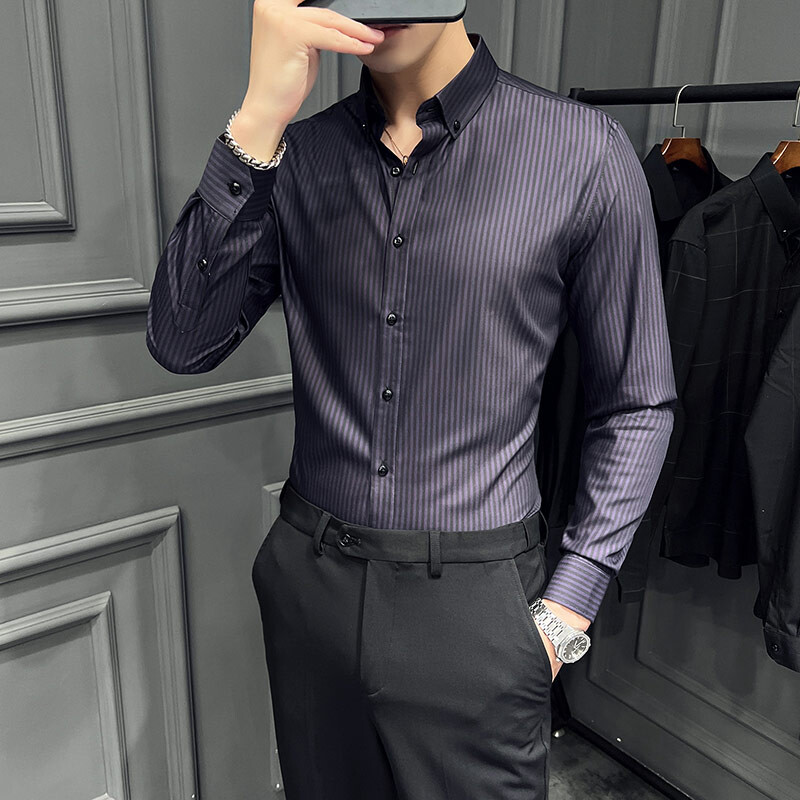 Nägus triibuline meeste särk pikkade varrukatega Slim Fit vabaaja ärikleidi särgid Kvaliteetne sotsiaalbüroo pidulik särk 2023