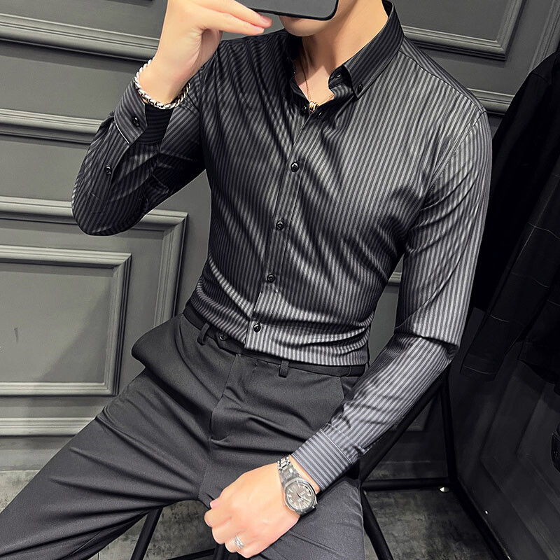 Nägus triibuline meeste särk pikkade varrukatega Slim Fit vabaaja ärikleidi särgid Kvaliteetne sotsiaalbüroo pidulik särk 2023