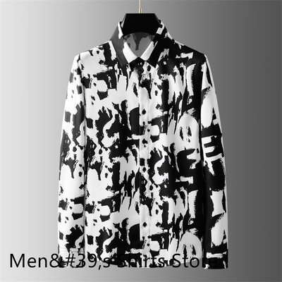 Nova muška košulja s otisnutim slovima na preklop, visokokvalitetna ležerna uska poslovna društvena košulja dugih rukava