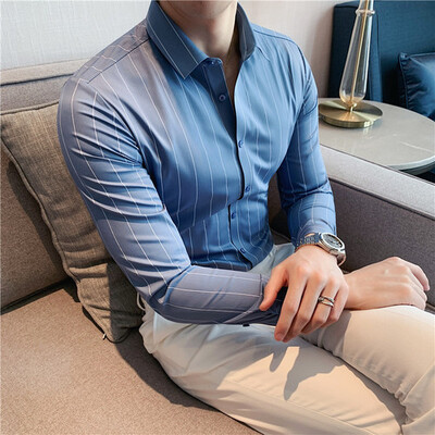 Kvaliteetne õmblusteta särk Meeste No Iron Casual Business Stripe Särk Meeste pikkade varrukatega särk Sotsiaalbüroo Camisa Masculina
