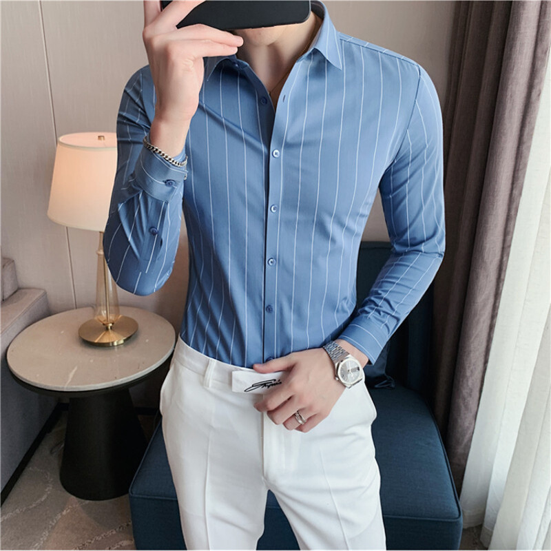 Kvaliteetne õmblusteta särk Meeste No Iron Casual Business Stripe Särk Meeste pikkade varrukatega särk Sotsiaalbüroo Camisa Masculina