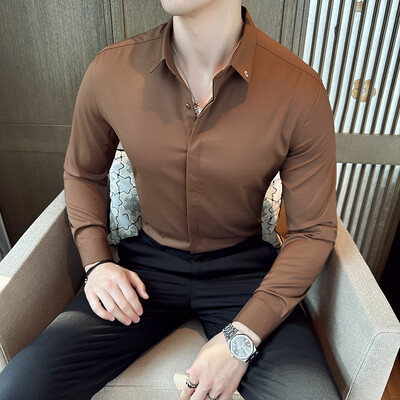 Haute Couture Bărbați Solid Slim Business Formal Social Formal Wear Cămăși cu mâneci lungi Cămașă pentru bărbați pentru petrecere Cămașă pentru bărbați