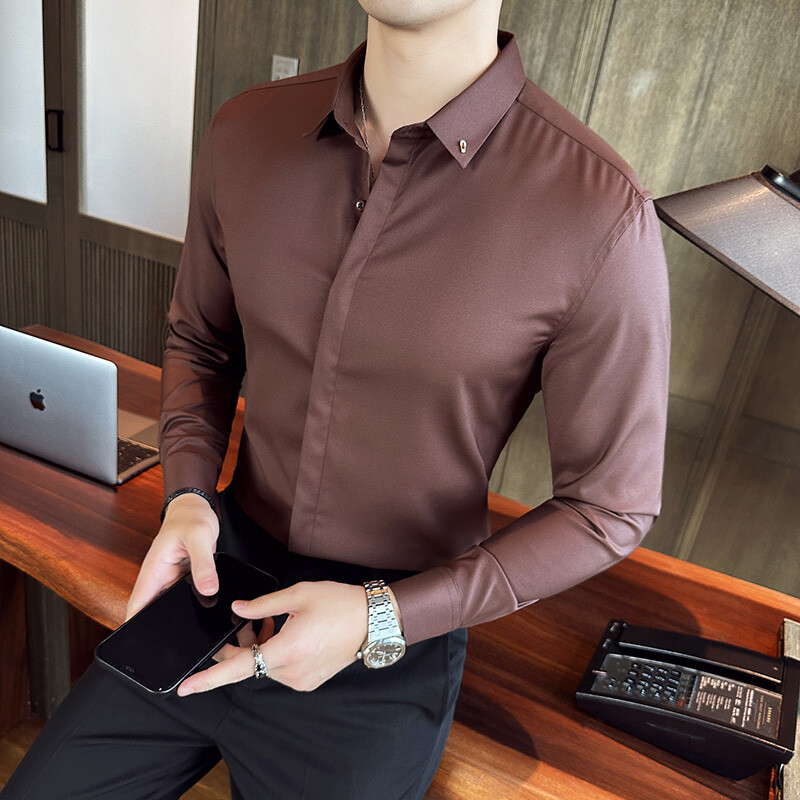 Haute Couture muška jednobojna uska poslovna formalna društvena svečana odjeća Košulje dugih rukava Muška vjenčanica Košulja muška košulja