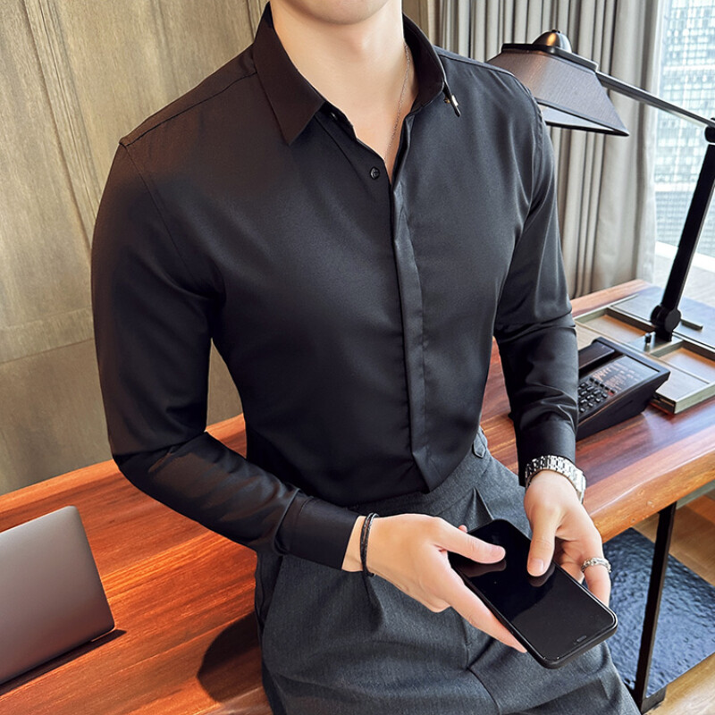 Haute Couture muška jednobojna uska poslovna formalna društvena svečana odjeća Košulje dugih rukava Muška vjenčanica Košulja muška košulja