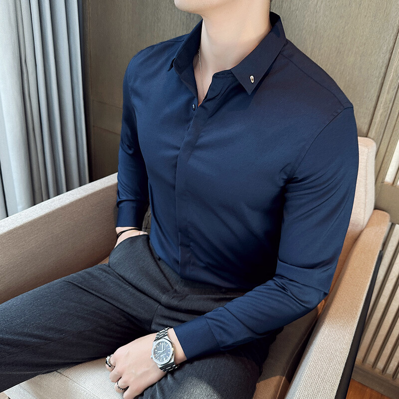 Haute Couture muška jednobojna uska poslovna formalna društvena svečana odjeća Košulje dugih rukava Muška vjenčanica Košulja muška košulja