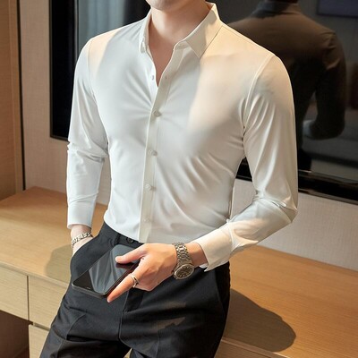 2023 Nove visokokvalitetne No Trace Ice Silk Elastične košulje dugih rukava Muške formalne poslovne uske jednobojne ležerne košulje Smoking 4XL-M