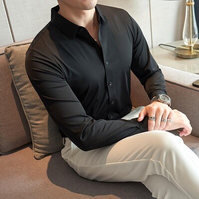 2023 Nove visokokvalitetne No Trace Ice Silk Elastične košulje dugih rukava Muške formalne poslovne uske jednobojne ležerne košulje Smoking 4XL-M