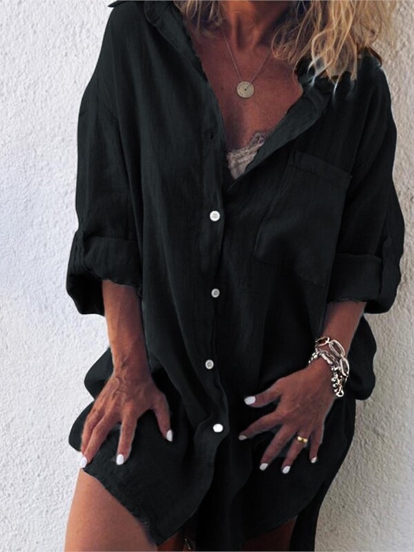 Cămașă cu mâneci lungi, buzunar, buzunar, lenjerie de vară, pentru femei, ocazională și confortabilă, îmbrăcăminte pentru femei de mărime mare