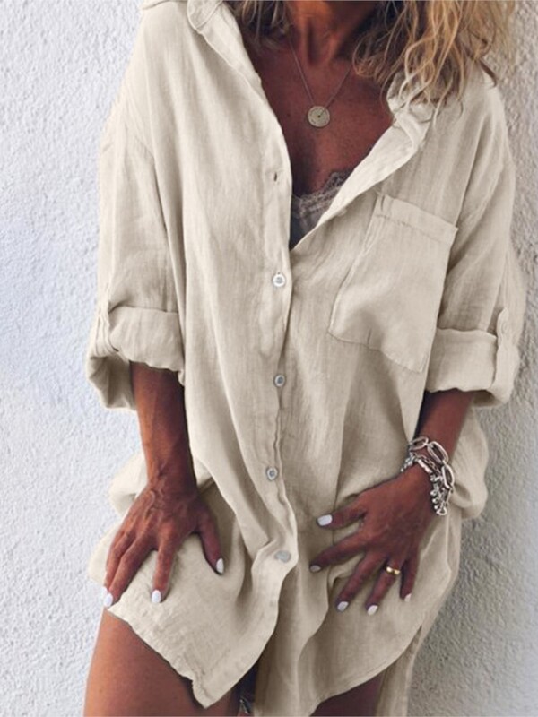 Cămașă cu mâneci lungi, buzunar, buzunar, lenjerie de vară, pentru femei, ocazională și confortabilă, îmbrăcăminte pentru femei de mărime mare