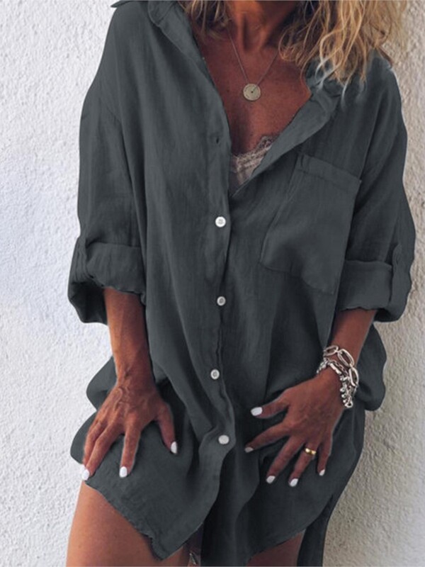 Cămașă cu mâneci lungi, buzunar, buzunar, lenjerie de vară, pentru femei, ocazională și confortabilă, îmbrăcăminte pentru femei de mărime mare
