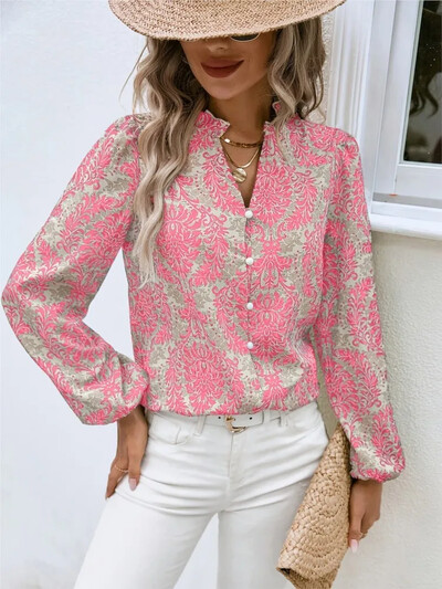 Cămăși cu imprimeu boho pentru femei 2024, la modă nouă, bluze cu mânecă lungă, cămașă elegantă cu un singur piept, pentru femei, top pentru femei.
