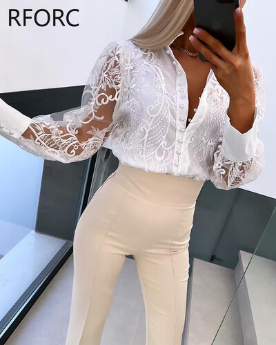 2024. aasta naiste pikkade varrukatega pärlitega nööbiga pits, lilledega õõnes, kaelusega pluusisärk