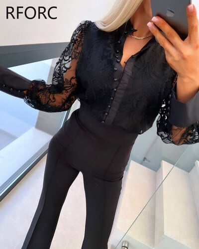 2024. aasta naiste pikkade varrukatega pärlitega nööbiga pits, lilledega õõnes, kaelusega pluusisärk