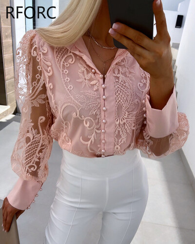 2024. aasta naiste pikkade varrukatega pärlitega nööbiga pits, lilledega õõnes, kaelusega pluusisärk